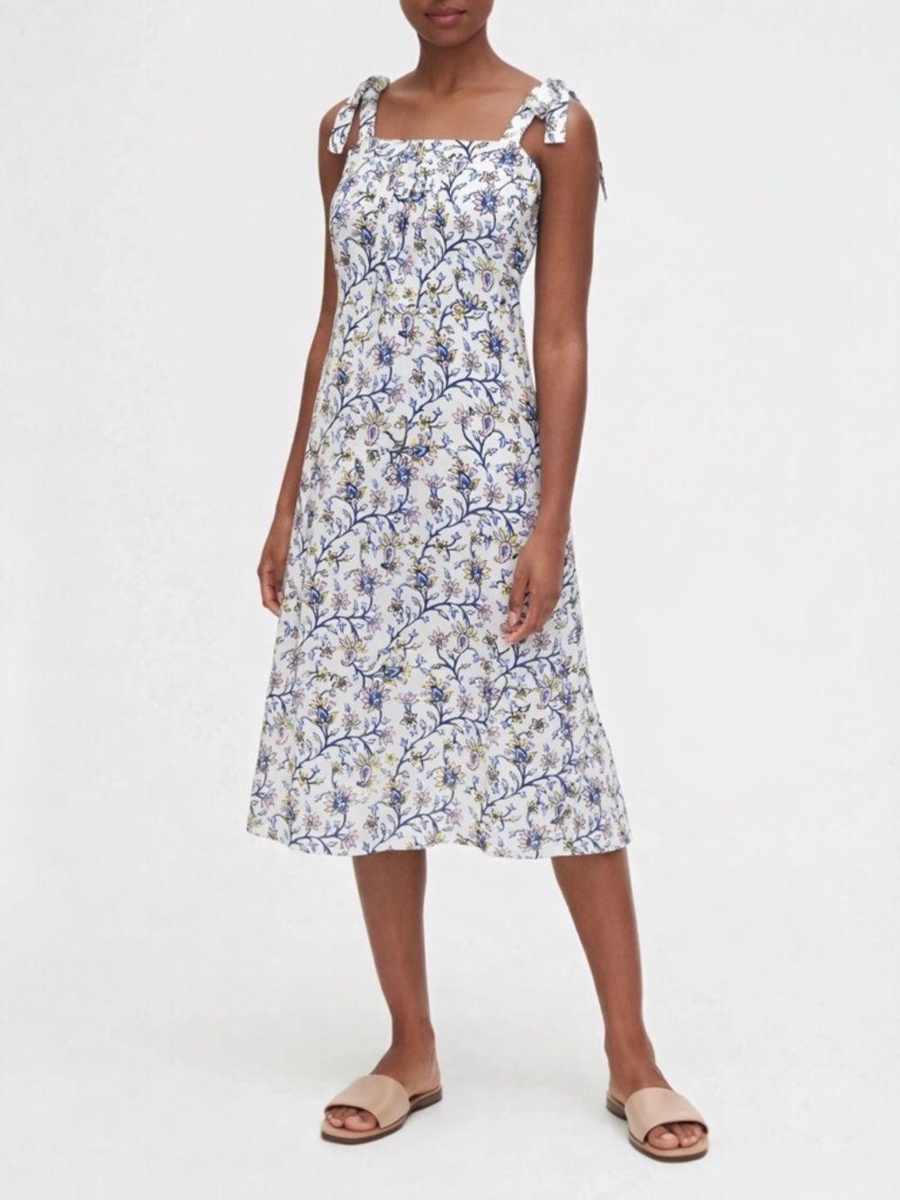 NWT GAP Floral Tie Strap Midi Dress White Blue Botanical Sundress Lined Size 16